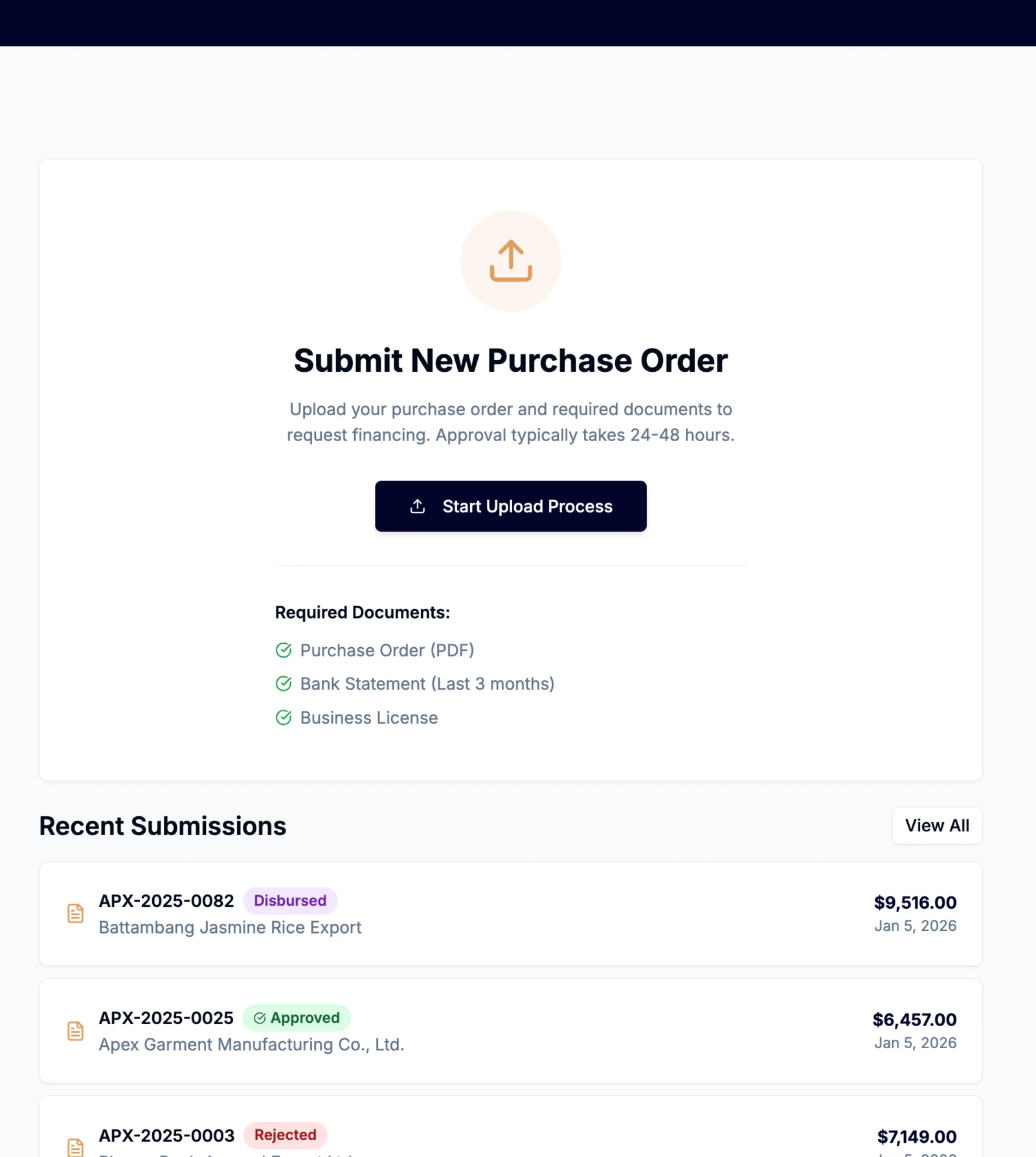 CreditBridge PO upload for SME financing
