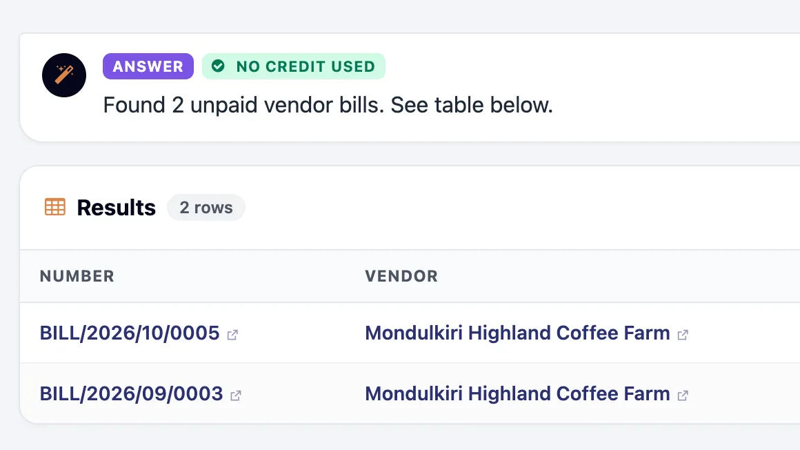 Kyu AI answering the question “show me unpaid supplier bills” with the two unpaid bills it found
