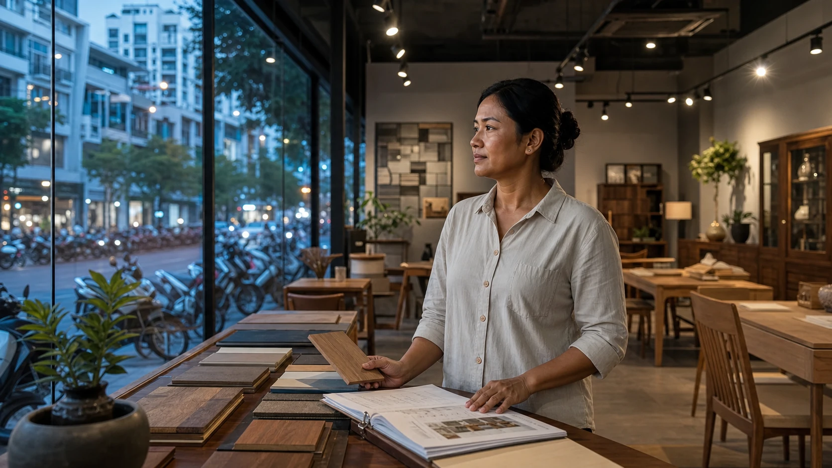 Sokha at the family furniture workshop